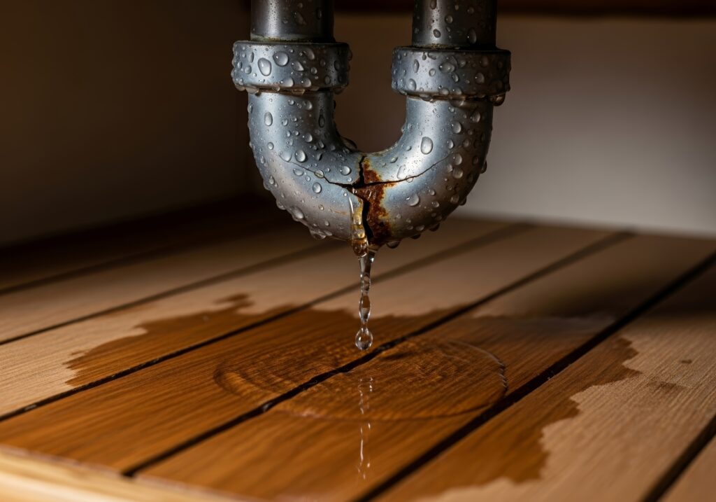 Prasklé kovové potrubí s únikem vody a kapkami na podlaze