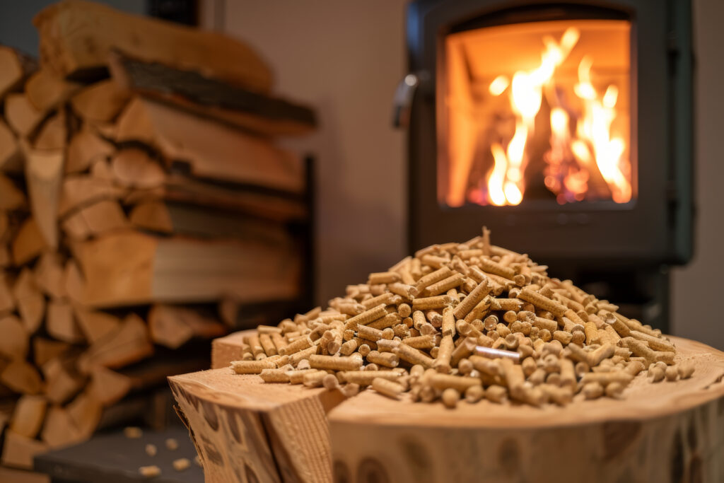 Dřevěné pelety před hořícími kamny jako jedna z možností vytápění při rozhodování mezi uhlím a peletami